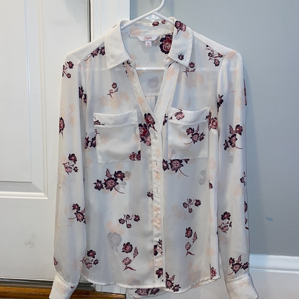 White Floral Button Up Blouse